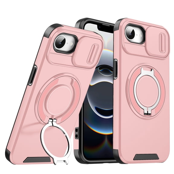 ShellTech Magnetic Case for iPhone 16e /iPhone 17e,Shockproof TPU+PC Rotating Ring Holder Kickstand Military Drop Protection Cover,Pink