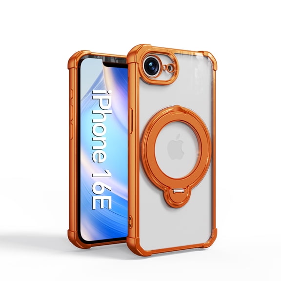ShellTech Magnetic Case for iPhone 16e/17e with Kickstand Compatible with Magsafe, 360° Ring Holder Stand Translucent Back Cover, Raised Screen & Camera Protection Drop-resistant Shell,Orange