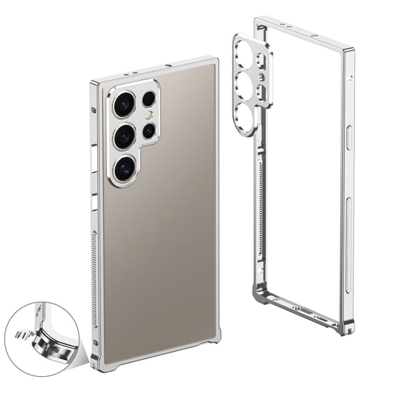 ShellTech Metal Bumper Frame Case Compatible with Samsung Galaxy S24 Ultra, Luxury Premium Aluminum Alloy Shockproof Bumper Frame with Lens Protector,Silver