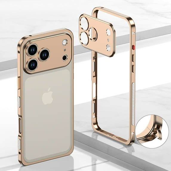 ShellTech Metal Frameless Phone Case Compatible with iPhone 17 Pro Metal Bumper Frame Slim Hard Case Cover with Camera Lens Protector , Metal Frame with Soft Inner Bumper,Gold