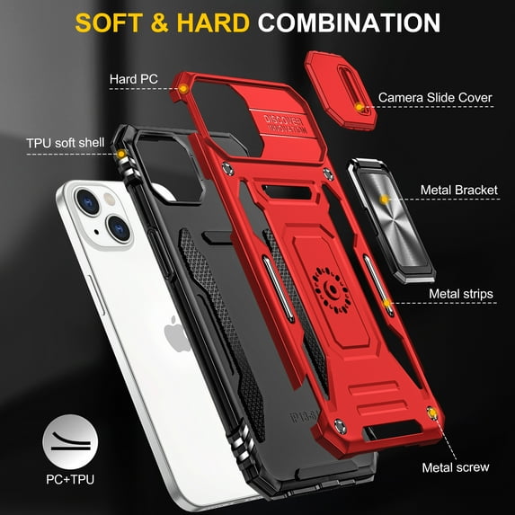 ShellTech Phone Case For iPhone 14 Plus Case with Slide Camera Cover, with Finger Ring Holder Stand, fit Magnetic Car Mount,Red