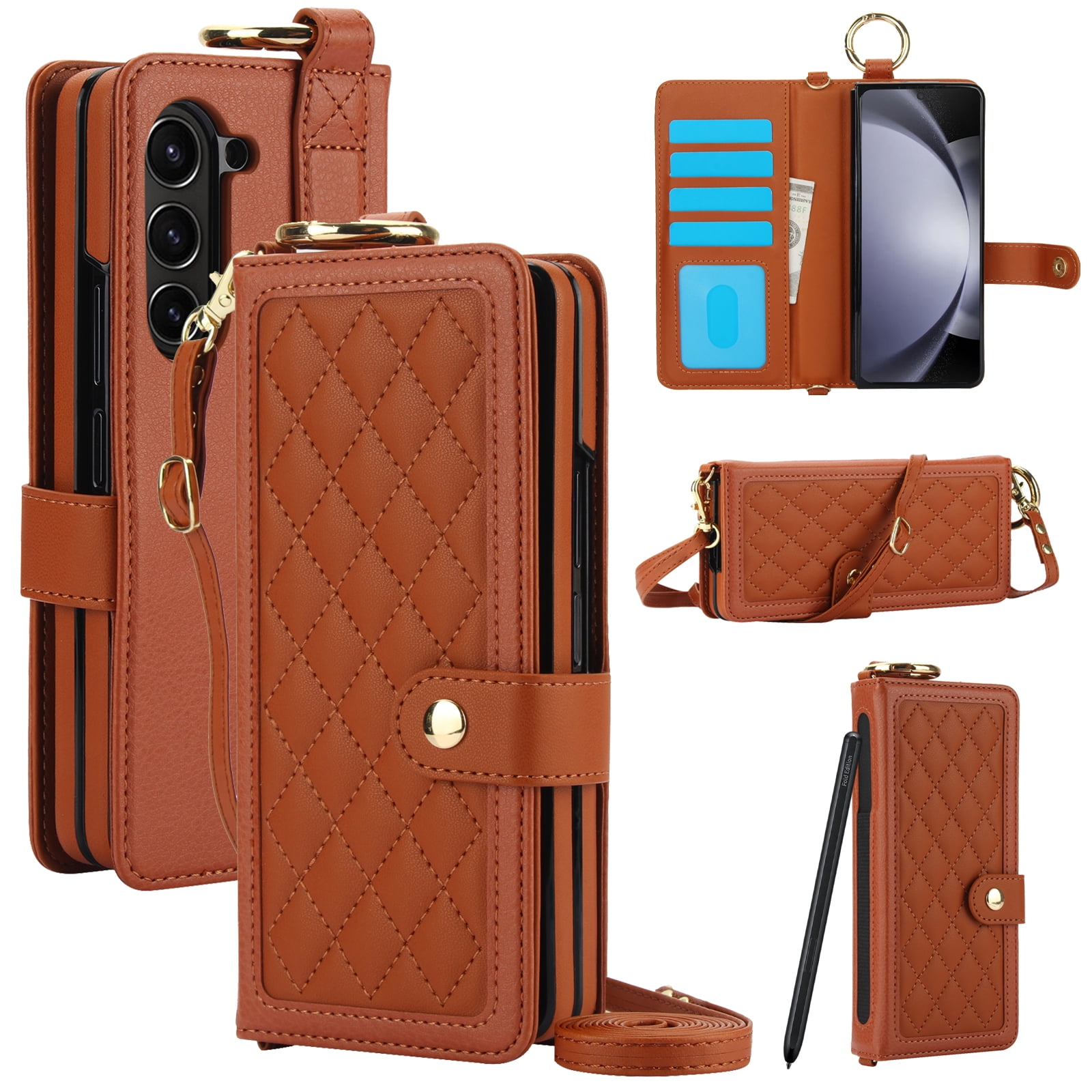 ShellTech Phone Case for Samsung Galaxy Z Fold 7 2025 Flip Leather Wallet Cover with S Pen Holder & Crossbody Lanyard Strap Credit Card Slot RFID Blocking Women Men Girls,Brown