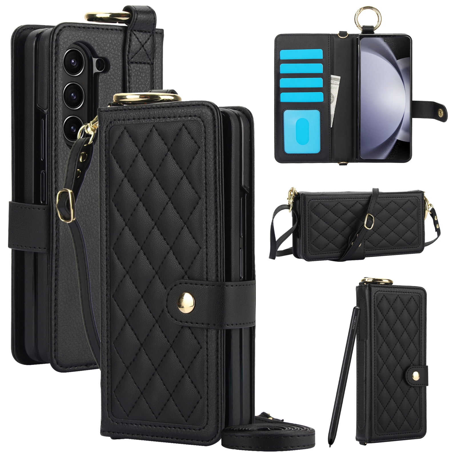 ShellTech Phone Case for Samsung Galaxy Z Fold 7 2025 Flip Leather Wallet Cover with S Pen Holder & Crossbody Lanyard Strap Credit Card Slot RFID Blocking Women Men Girls,Black