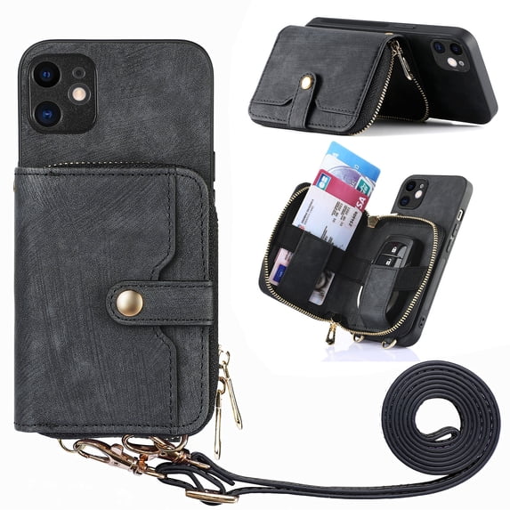 ShellTech Phone Case for iPhone 11 Zipper Wallet Cover with Credit Card Holder Slot Shoulder Crossbody Strap Cell Women Girls Men,Black
