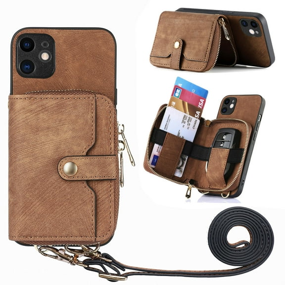ShellTech Phone Case for iPhone 11 Zipper Wallet Cover with Credit Card Holder Slot Shoulder Crossbody Strap Cell Women Girls Men,Brown