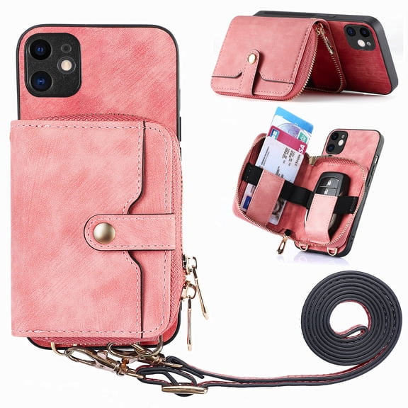 ShellTech Phone Case for iPhone 11 Zipper Wallet Cover with Credit Card Holder Slot Shoulder Crossbody Strap Cell Women Girls Men,Pink