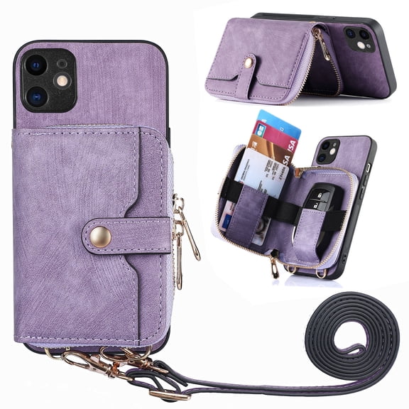 ShellTech Phone Case for iPhone 11 Zipper Wallet Cover with Credit Card Holder Slot Shoulder Crossbody Strap Cell Women Girls Men,Purple