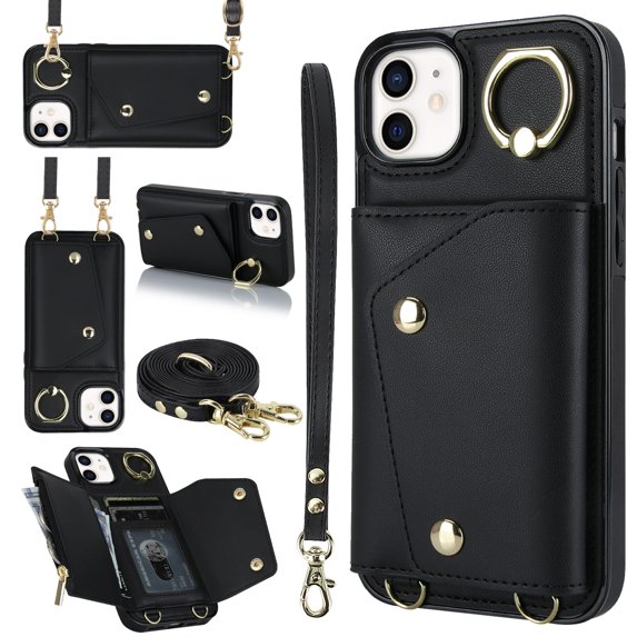 ShellTech Phone Case for iPhone 12/12 pro case with Strap Wallet for Women with Card Holder,Black