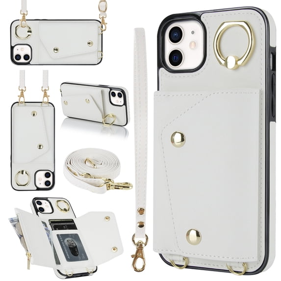 ShellTech Phone Case for iPhone 12/12 pro case with Strap Wallet for Women with Card Holder,White