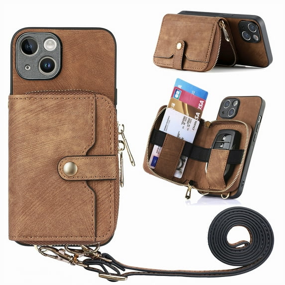 ShellTech Phone Case for iPhone 14 Zipper Wallet Cover with Credit Card Holder Slot Shoulder Crossbody Strap Cell Women Girls Men,Brown