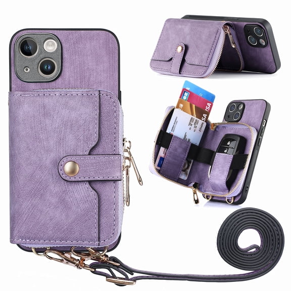 ShellTech Phone Case for iPhone 14 Zipper Wallet Cover with Credit Card Holder Slot Shoulder Crossbody Strap Cell Women Girls Men,Purple