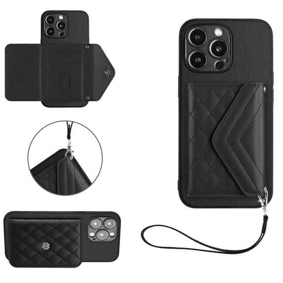 ShellTech Phone Case for iPhone 16 Pro Max PU Leather Wallet Cover with Credit Card Holder Slot Crossbody Strap Stand Shoulder Lanyard for Women Girl,Black