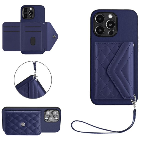 ShellTech Phone Case for iPhone 16 Pro Max PU Leather Wallet Cover with Credit Card Holder Slot Crossbody Strap Stand Shoulder Lanyard for Women Girl,Blue