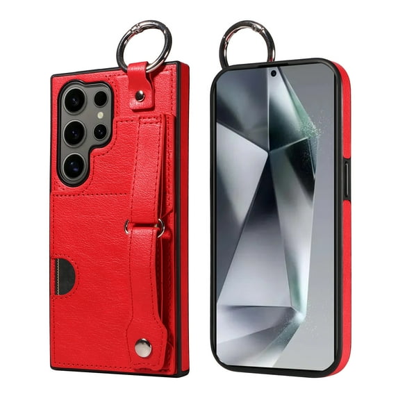 ShellTech for Ring Holder Samsung Galaxy S23 Ultra Case , Shockproof Leather Hand Strap Kickstand Card Slot Case TPU Back Cover for Galaxy S23 Ultra,Red