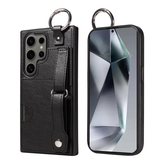 ShellTech for Ring Holder Samsung Galaxy S24 Ultra Case , Shockproof Leather Hand Strap Kickstand Card Slot Case TPU Back Cover for Galaxy S24 Ultra,Black