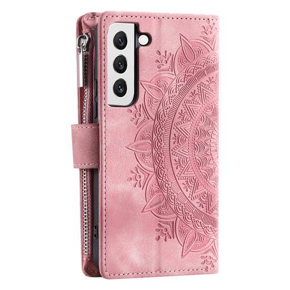 ShellTech Samsung Galaxy S21 Wallet Case Mandala Floral Embossed PU Leather Folio featuring Zipper Magnetic Closure,Pink
