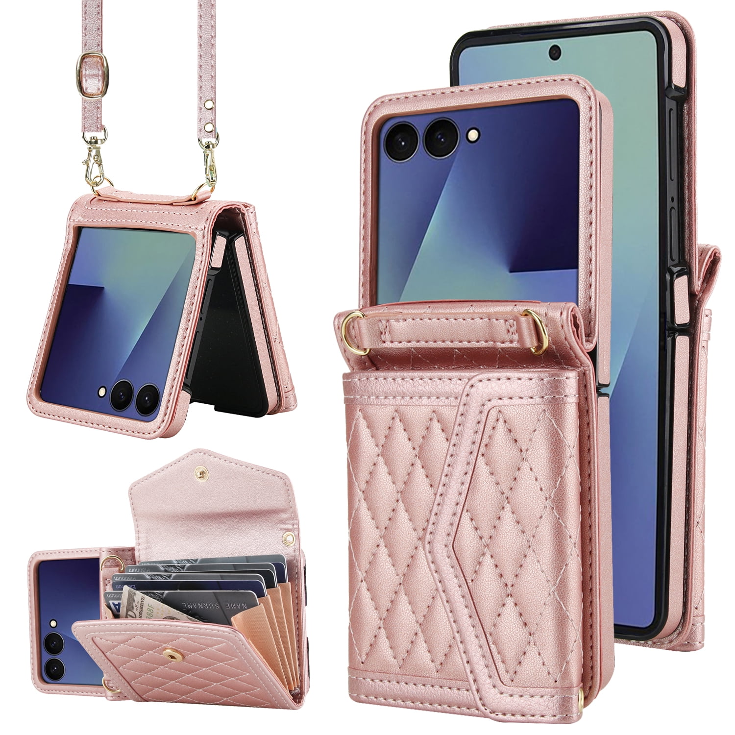 ShellTech for Samsung Galaxy Z Flip 7 PU Leather Flip Case with Wrist Strap, RFID Blocking PU Leather Crossbody Wallet Phone Case with Card Slot Cash Pocket Kickstand Case Cover,Rosegold
