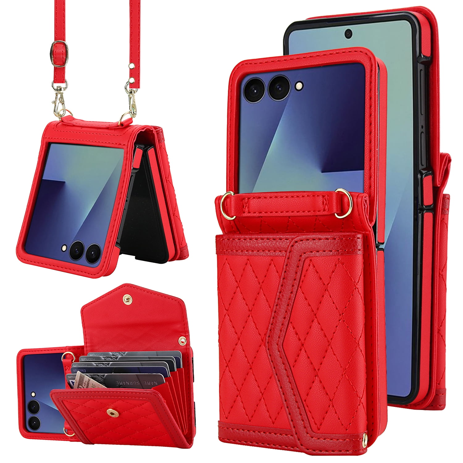 ShellTech for Samsung Galaxy Z Flip 7 PU Leather Flip Case with Wrist Strap, RFID Blocking PU Leather Crossbody Wallet Phone Case with Card Slot Cash Pocket Kickstand Case Cover,Red
