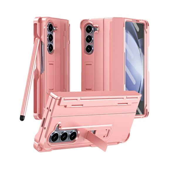 ShellTech for Samsung Galaxy Z Fold 4 Hard PC Case Heavy Duty Protective Phonecase with Stylus & S Pen Holder Foldable Hinge Protection Built-in Screen Protector & Kickstand Sturdy Phone Cover,Pink