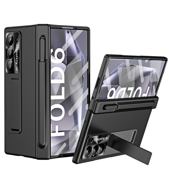 ShellTech for Samsung Galaxy Z Fold 6 Case, Magnetic Hinge S Pen Holder Case with Kickstand and Slim Stylus Replacement,with Hinge Protection Screen Protector Kickstand Slim Case Cover,Black