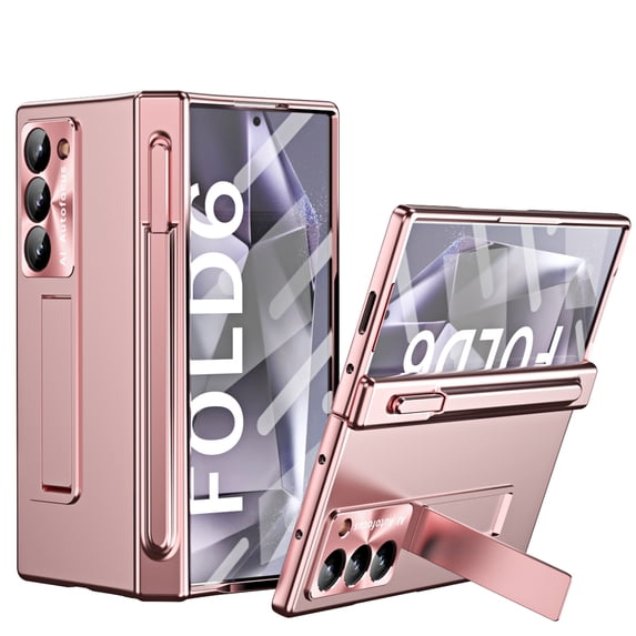 ShellTech for Samsung Galaxy Z Fold 6 Case, Magnetic Hinge S Pen Holder Case with Kickstand and Slim Stylus Replacement,with Hinge Protection Screen Protector Kickstand Slim Case Cover,Rosegold