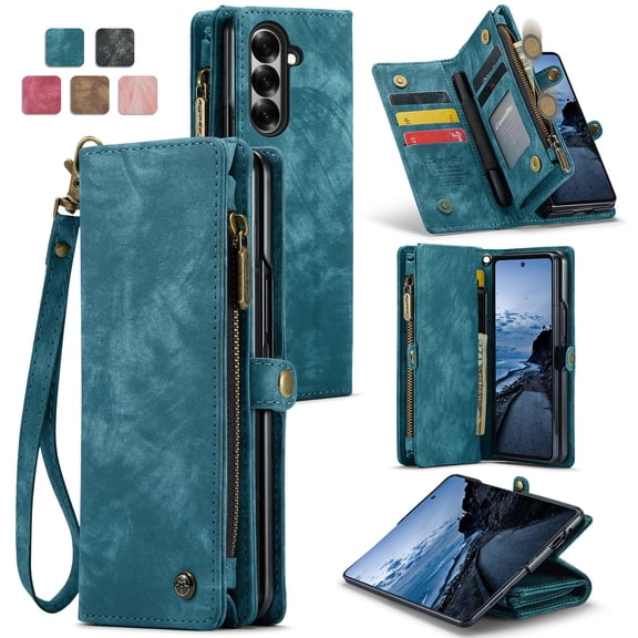 ShellTech for Samsung Galaxy Z Fold 7 Case,Zipper Purse Magnetic Folio Leather Wallet Case with Pen Holder Wrist Strap Card Holder Shockproof Protective Cover RFID Blocking for Women Men,Green