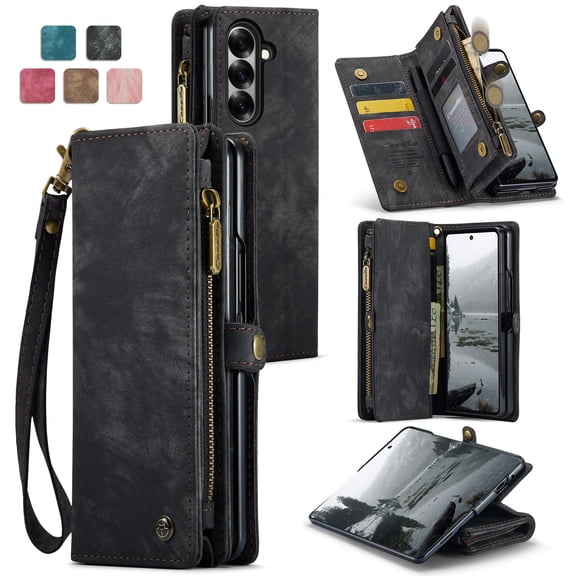 ShellTech for Samsung Galaxy Z Fold 7 Case,Zipper Purse Magnetic Folio Leather Wallet Case with Pen Holder Wrist Strap Card Holder Shockproof Protective Cover RFID Blocking for Women Men,Black
