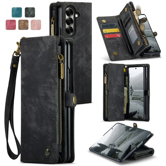 ShellTech for Samsung Galaxy Z Fold 7 Case,Zipper Purse Magnetic Folio Leather Wallet Case with Pen Holder Wrist Strap Card Holder Shockproof Protective Cover RFID Blocking for Women Men,Black