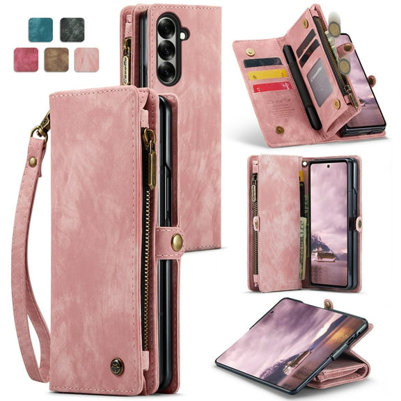 ShellTech for Samsung Galaxy Z Fold 7 Case,Zipper Purse Magnetic Folio Leather Wallet Case with Pen Holder Wrist Strap Card Holder Shockproof Protective Cover RFID Blocking for Women Men,Pink
