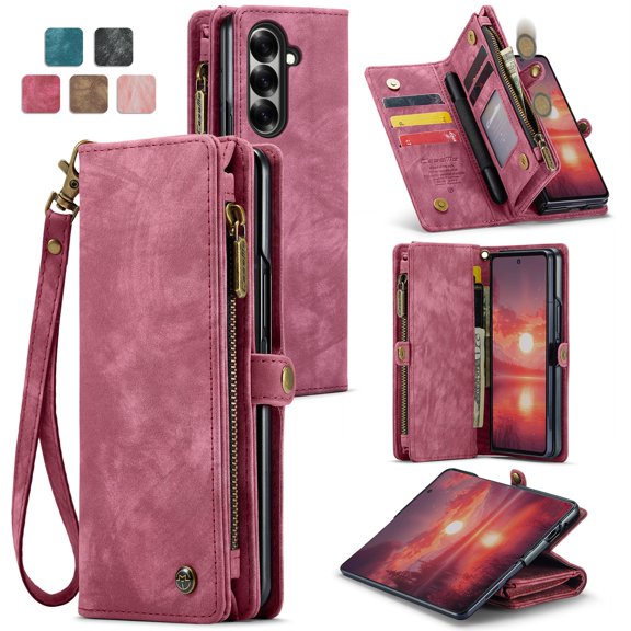ShellTech for Samsung Galaxy Z Fold 7 Case,Zipper Purse Magnetic Folio Leather Wallet Case with Pen Holder Wrist Strap Card Holder Shockproof Protective Cover RFID Blocking for Women Men,Red