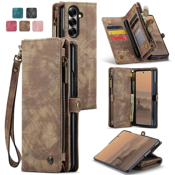 ShellTech for Samsung Galaxy Z Fold 7 Case,Zipper Purse Magnetic Folio Leather Wallet Case with Pen Holder Wrist Strap Card Holder Shockproof Protective Cover RFID Blocking for Women Men,Darkbrown