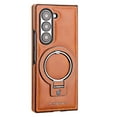 thumbnail image 1 of ShellTech for Samsung Galaxy Z Fold 7 Leather Case with Metal Ring Holder, Compatible with MagSafe Luxury Leather PU Bumper Skin Friendly Anti-Fingerprint Shockproof Kickstand Case,Brown, 1 of 10