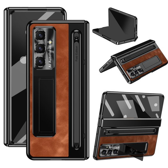 ShellTech for Samsung Galaxy Z Fold 7 Leather Hard PC Plating Case with Pen Holder & Slim Stylus, with Kickstand, Hinge Protection, Screen Protector, Retro Leather Protective Cover,Brown