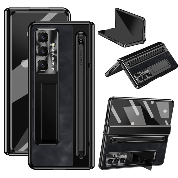 ShellTech for Samsung Galaxy Z Fold 7 Leather Hard PC Plating Case with Pen Holder & Slim Stylus, with Kickstand, Hinge Protection, Screen Protector, Retro Leather Protective Cover,Black