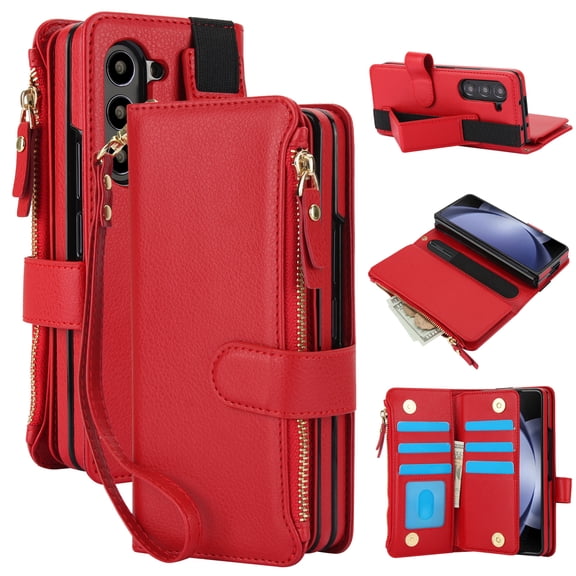 ShellTech for Samsung Galaxy Z Fold 7 PU Leather Flip Wallet Case with Wrist Strap, Built-in S Pen Holder/Wrist Strap/Kickstand/RFID Blocking Card Slots/Zipper Pocket,Shockproof Cover,Red
