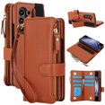 thumbnail image 1 of ShellTech for Samsung Galaxy Z Fold 7 PU Leather Flip Wallet Case with Wrist Strap, Built-in S Pen Holder/Wrist Strap/Kickstand/RFID Blocking Card Slots/Zipper Pocket,Shockproof Cover,Brown, 1 of 7