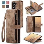 ShellTech For Samsung Galaxy Z Fold 7 PU Leather Wallet Case with Card Holder Kickstand Magnetic Zipper Pocket Lanyard Strap Wristlet,Leather Flip Case Shockproof Protective Cover,Brown