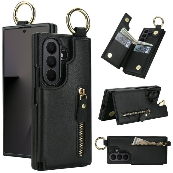 ShellTech for Samsung Galaxy Z Fold 7 Wallet Case with Zipper and Credit Card Holder, Cash Slot, Premium Leather Magnetic Clasp Kickstand Heavy Duty Ring Protective Cover,Black