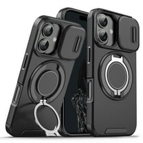 ShellTech Shockproof Case for iPhone 16 Plus Case, Slide Camera Lens Cover Protective Shell with Ring Stand Slim Case,Black