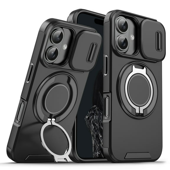 ShellTech Shockproof Case for iPhone 16 Plus Case, Slide Camera Lens Cover Protective Shell with Ring Stand Slim Case,Black