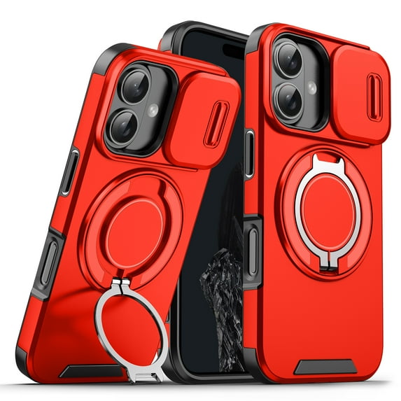ShellTech Shockproof Case for iPhone 16 Plus Case, Slide Camera Lens Cover Protective Shell with Ring Stand Slim Case,Red