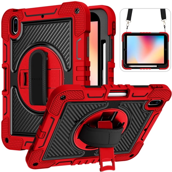 ShellTech Shoulder Strap Kids Case for iPad 10th Generation,Heavy Duty Rugged Case with 360 Rotating Kickstand & Handle Strap Protective Shell with Pen Holder Cover for iPad 10th Gen,Red+Black