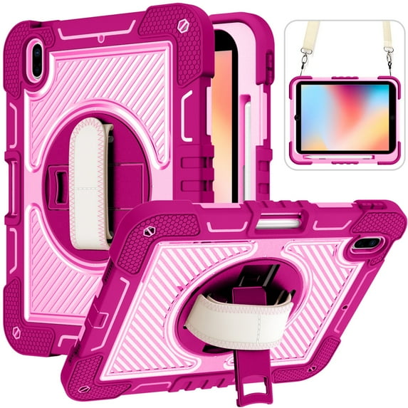 ShellTech Shoulder Strap Kids Case for iPad 10th Generation,Heavy Duty Rugged Case with 360 Rotating Kickstand & Handle Strap Protective Shell with Pen Holder Cover for iPad 10th Gen,Rose+Pink