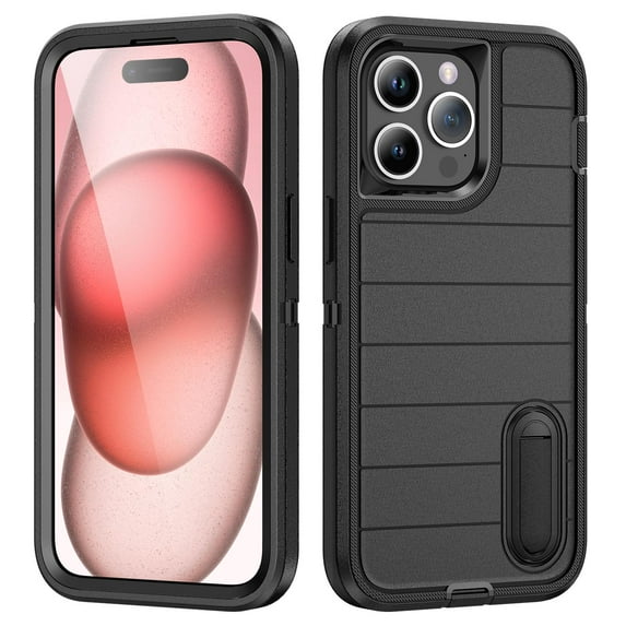 ShellTech Stand Case for iPhone 15 Pro Max,Shockproof 3-Layer Protection Case Military Grade Protective Kickstand Back Cover,Black