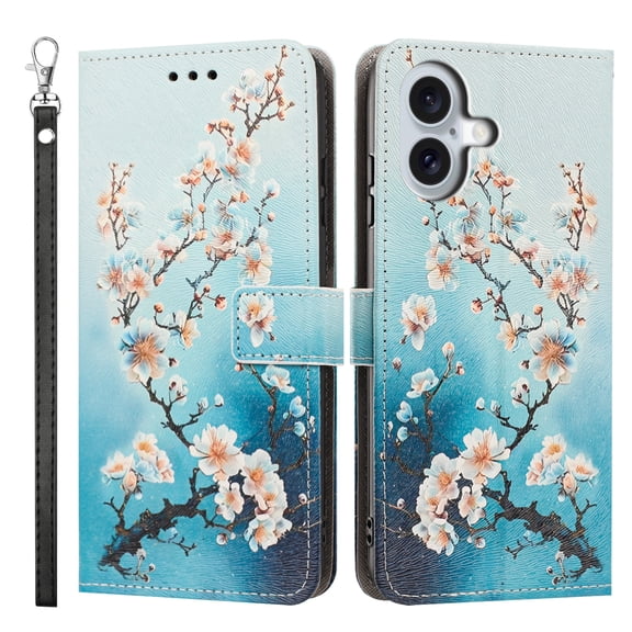 ShellTech Wallet Case for iPhone 17, Floral Pattern PU Leather Flip Folio Cover TPU Interior Shell with Credit Card Holder Slots, Cash Pocket, Kickstand, Magnetic Closure & Detachable Wrist Strap,E