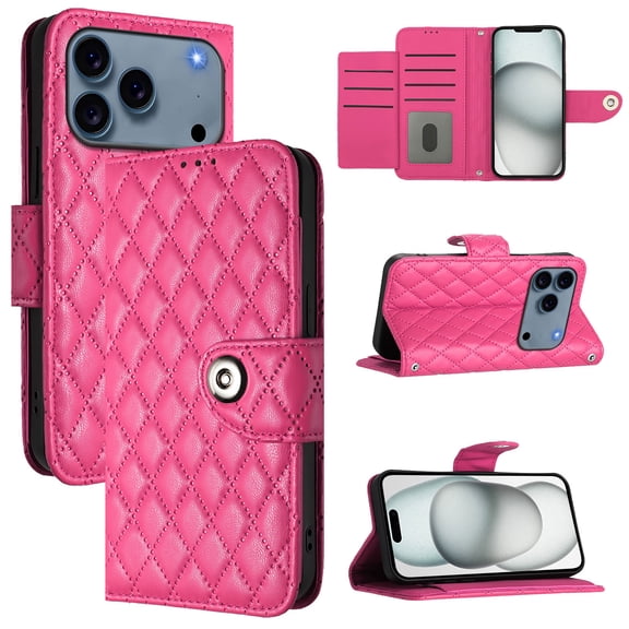 ShellTech Wallet Case for iPhone 17 Pro, Cell Phone Protective Cover with Wrist & Shoulder Strap, Magnetic Closure Flip Folio Card Holder Slots Stand PU Leather Wallet Case for Women Girls,Rose