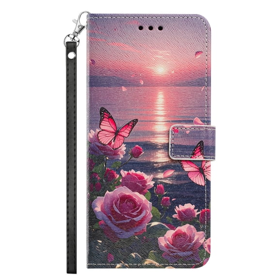 ShellTech Wallet Case for iPhone 17 Pro, Floral Pattern PU Leather Flip Folio TPU Interior Cover with Credit Card Holder Slots, Cash Pocket, Kickstand, Magnetic Closure & Detachable Wrist Strap,F