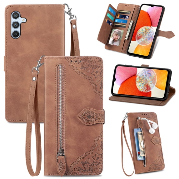 ShellTech Zipper Wallet Case for Samsung Galaxy A35,Magnetic Closure Leather Card Slots Wallet Case Shockproof TPU Kickstand Cover with Lanyard for Galaxy A35 5G,Brown