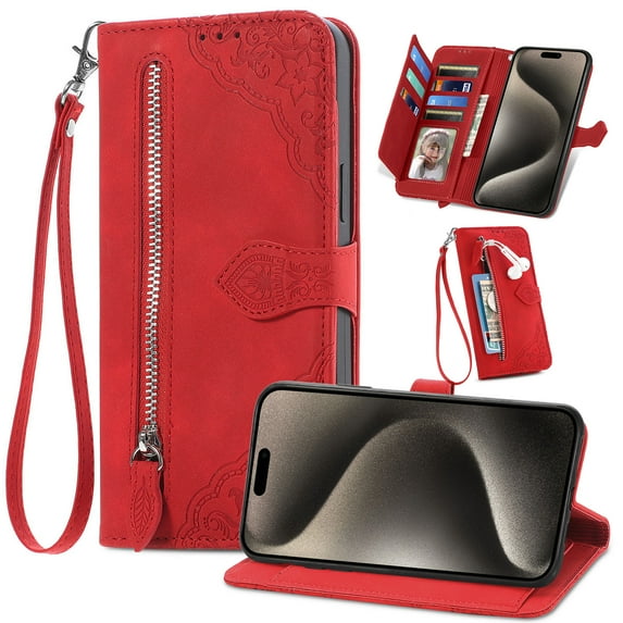 ShellTech Zipper Wallet Case for iPhone 12 Pro Max,Magnetic Closure Leather Card Slots Wallet Case Shockproof TPU Kickstand Cover with Lanyard,Red