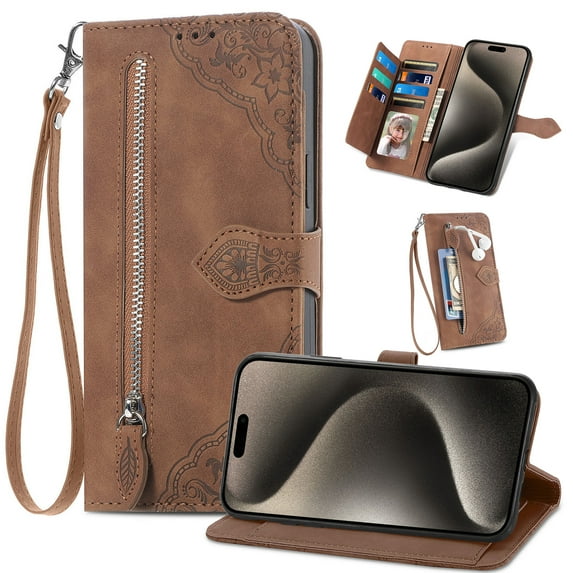 ShellTech Zipper Wallet Case for iPhone 12 mini,Magnetic Closure Leather Card Slots Wallet Case Shockproof TPU Kickstand Cover with Lanyard,Brown